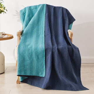 Hand Stitched Reversible Kantha Throws Navy Teal| Duman Home